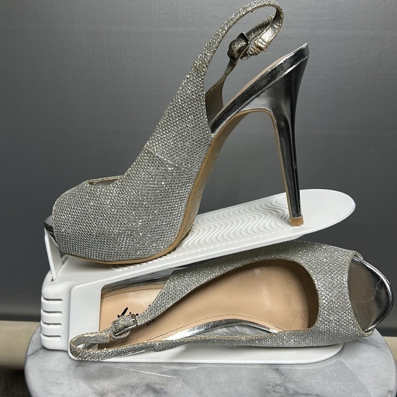 New Year’s Eve stilettos silver glam heels peek toe sexy Fioni sling backs - Picture 11 of 11